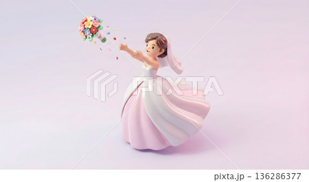 挙式のクライマックスでブーケトスをするウェディングドレスの女性 136286377