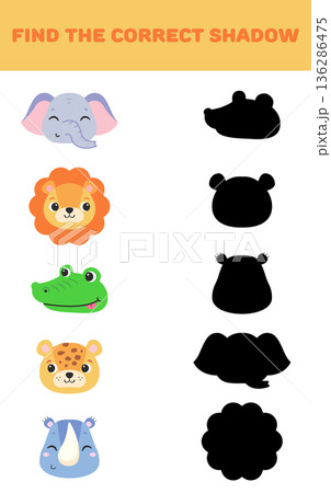Find the right shadow. Cute animals. Educational games for children. Vector illustration 136286475