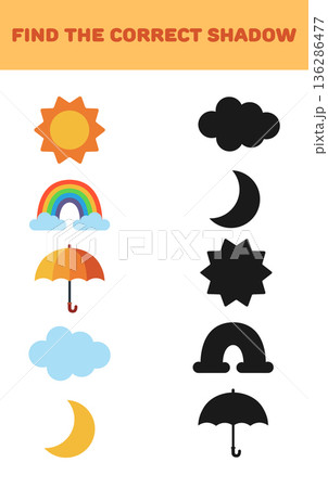 Find the right shadow. Weather elements. Educational games for children. Vector illustration. 136286477