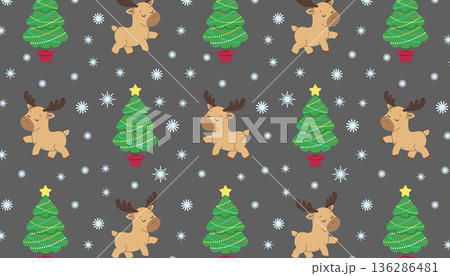 Holiday pattern. Deer and Christmas tree. Isolated grey background. Vector illustration 136286481