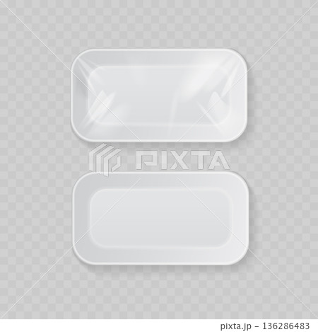 Realistic White Styrofoam Food Tray Mockup Set. Vector Empty and Wrapped Plastic Container with Cling Film. 136286483