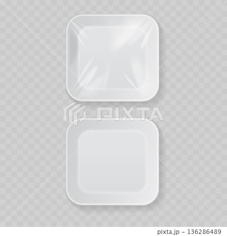 Realistic White Styrofoam Food Tray Mockup Set. Vector Empty and Wrapped Plastic Container with Cling Film. Realistic White Styrofoam Food Tray Mockup Set. Vector Empty and Wrapped Plastic Container with Cling Film. 136286489
