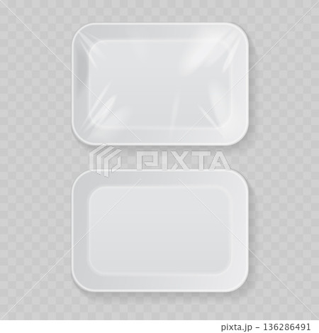 Realistic White Styrofoam Food Tray Mockup Set. Vector Empty and Wrapped Plastic Container with Cling Film. Realistic White Styrofoam Food Tray Mockup Set. Vector Empty and Wrapped Plastic Container with Cling Film. 136286491