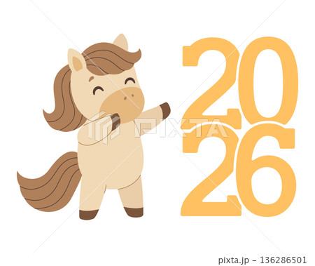 New year symbol design horse and numbers 2026. Happy New Year. Vector illustration in flat style. 136286501