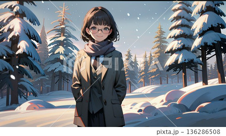 雪道を登校する女子高生 136286508