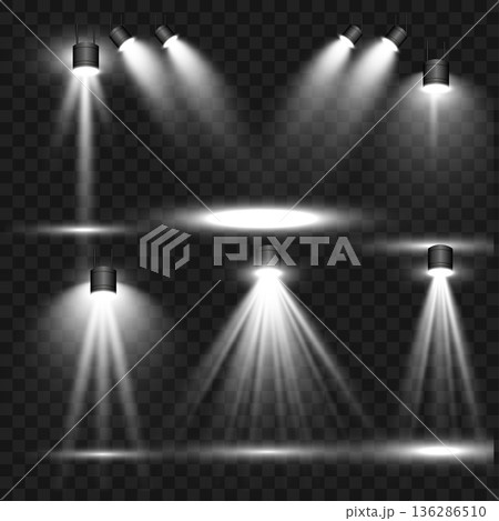 Realistic White Stage Spotlights and Light Beam Effects Set on Transparent Background. Vector 136286510