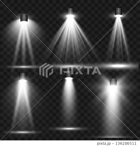 Realistic White Stage Spotlights and Light Beam Effects Set on Transparent Background. Vector 136286511