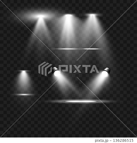 Realistic White Stage Spotlights and Light Beam Effects Set on Transparent Background. Vector 136286515