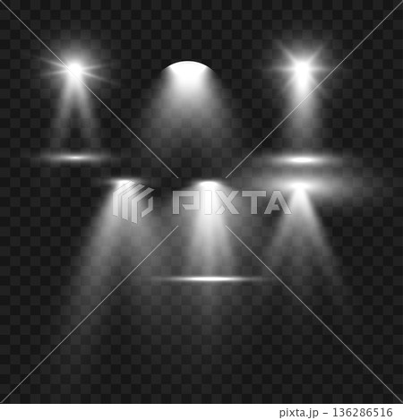 Realistic White Stage Spotlights and Light Beam Effects Set on Transparent Background. Vector 136286516