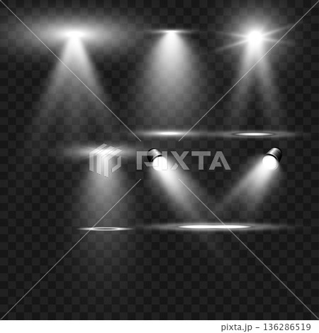 Realistic White Stage Spotlights and Light Beam Effects Set on Transparent Background. Vector 136286519