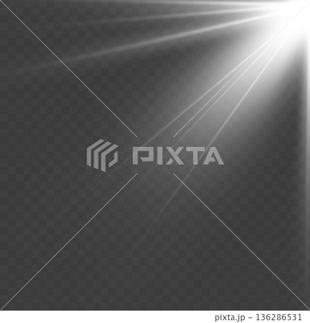 Realistic White Sun Ray Light Beam from Corner Overlay. Vector 136286531