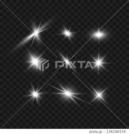 Realistic White Glowing Lens Flares and Sparkle Stars Set on Transparent Background. Vector 136286534