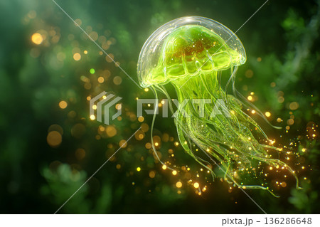 金色の光に包まれた幻想的に発光するクラゲ　AI画像 136286648