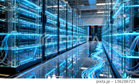 Modern data center corridor with glowing blue server racks and illuminated cables. Represents digital technology, cloud computing, and network infrastructure for secure data management. 136286725