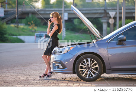 Helpless woman standing near her car with open bonnet calling road service for help. Young female driver having trouble with vehicle Helpless woman standing near her car with open bonnet calling road service for help. Young female driver having trouble with vehicle 136286770