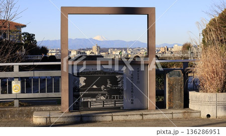 「成城の富士見橋」に設置された案内板と富士山、関東の冨士見100景に指定されている 136286951