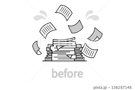 紙書類が山積みになり業務が混乱している状態を表したイラスト 紙書類が山積みになり業務が混乱している状態を表したイラスト 136287148