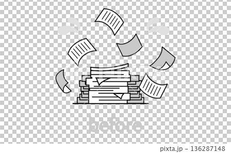 An illustration showing a situation where paper documents are piling up and work is in disarray An illustration showing a situation where paper documents are piling up and work is in disarray 136287148