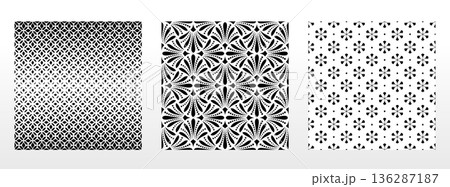 Geometric floral set of seamless patterns. White and black vector backgrounds. Damask graphic ornaments. 136287187