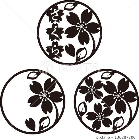 桜の和風ロゴマークと飾りフレーム。お祝い、新春、卒業、入学のシンボルイラスト　デザイン素材 136287200