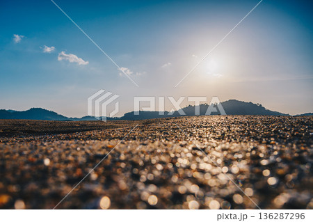 Golden Sand Texture with Sunlight and Distant Hills 136287296