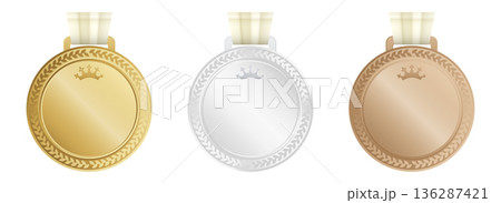 金 銀 銅 メダル 3点セット 王冠と月桂樹の表彰ベクター素材 136287421