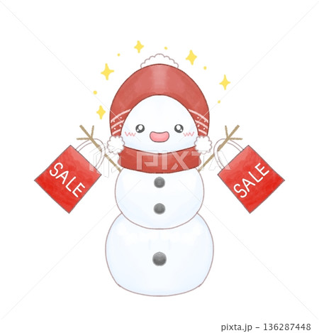 キラキラの目で買い物する雪だるまのイラスト キラキラの目で買い物する雪だるまのイラスト 136287448