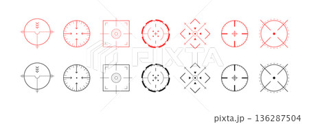 Crosshair Hud red. Tactical sniper interface with radar. Location and precision viewfinder. Futuristic game panels. Modern Vector illustration 136287504