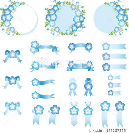 ネモフィラの花の飾りフレーム。爽やかなブルーの春の花、初夏、装飾、リボン、背景、デザイン素材 ネモフィラの花の飾りフレーム。爽やかなブルーの春の花、初夏、装飾、リボン、背景、デザイン素材 136287536