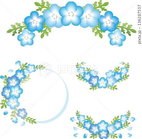 ネモフィラの花の飾りフレーム。爽やかなブルーの春の花、初夏、装飾、リボン、背景、デザイン素材 ネモフィラの花の飾りフレーム。爽やかなブルーの春の花、初夏、装飾、リボン、背景、デザイン素材 136287537