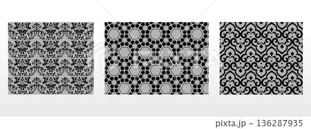 Geometric floral set of seamless patterns. Gray and black vector backgrounds. Damask graphic ornaments 136287935
