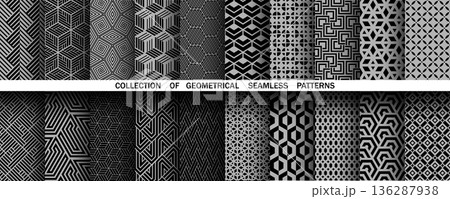 Geometric set of seamless black and white patterns. Simple vector graphics. Geometric set of seamless black and white patterns. Simple vector graphics. 136287938