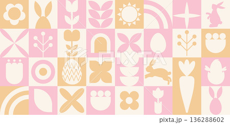 Geometric Easter banner with pastel colors and various holiday symbols Geometric Easter banner with pastel colors and various holiday symbols 136288602