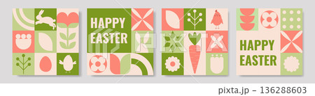 Geometric Easter cards with floral and bunny designs in pastel colors Geometric Easter cards with floral and bunny designs in pastel colors 136288603