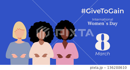 Diverse women celebrating International Women's Day with GiveToGain banner, March 8 136288610