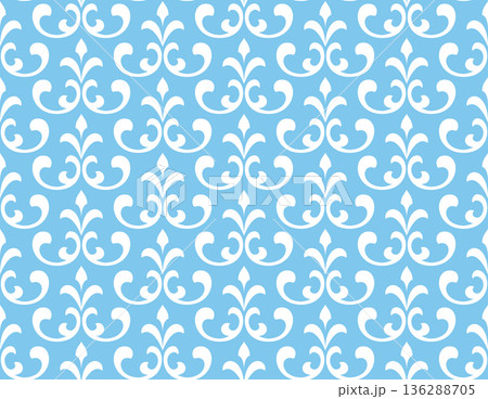 Flower geometric pattern. Seamless vector background. White and blue ornament. Ornament for fabric, wallpaper, packaging. Decorative print Flower geometric pattern. Seamless vector background. White and blue ornament. Ornament for fabric, wallpaper, packaging. Decorative print 136288705