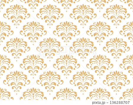 Floral pattern. Seamless vector background. Vintage wallpaper in the Baroque style. White and golden ornament for fabric, wallpaper, packaging. Ornate Damask flower illustration 136288707