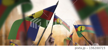 New Caledonia flags in their hands on a blurred urban background 136288723