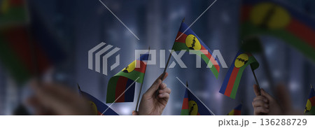 New Caledonia flags in their hands on a blurred urban background New Caledonia flags in their hands on a blurred urban background 136288729