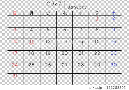 2027年シンプルカレンダー 1月 曜日日本語 2027年シンプルカレンダー 1月 曜日日本語 136288895
