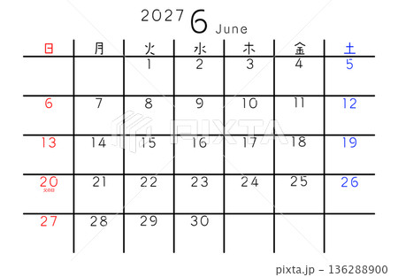 2027年シンプルカレンダー 6月 曜日日本語 2027年シンプルカレンダー 6月 曜日日本語 136288900