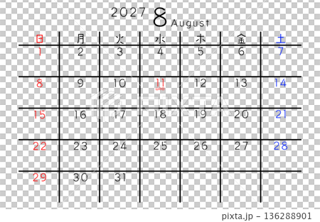 2027 Simple Calendar August Day of the Week Japanese 136288901