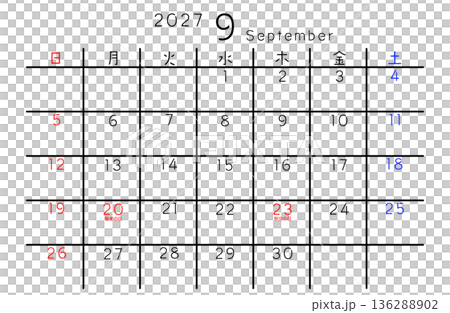2027年シンプルカレンダー 9月 曜日日本語 2027年シンプルカレンダー 9月 曜日日本語 136288902