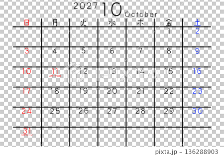 2027 Simple Calendar October Day of the Week Japanese 136288903
