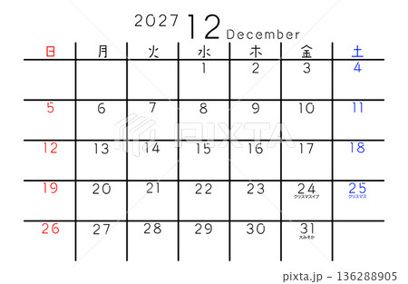 2027年シンプルカレンダー 12月　曜日日本語 136288905