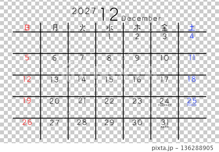 2027 Simple Calendar December Day of the Week Japanese 136288905