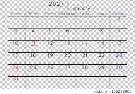 2027 Simple Calendar January Days of the Week English 136288906