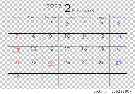 2027 Simple Calendar February Days of the Week English 2027 Simple Calendar February Days of the Week English 136288907