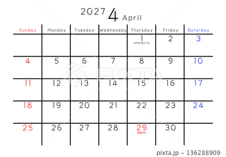 2027年シンプルカレンダー 4月　曜日英語 136288909