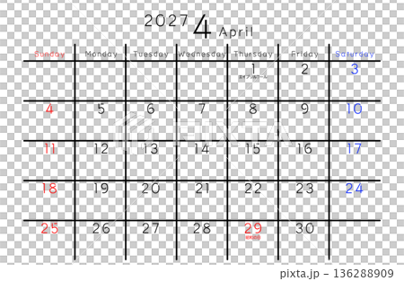 2027年シンプルカレンダー 4月　曜日英語 136288909